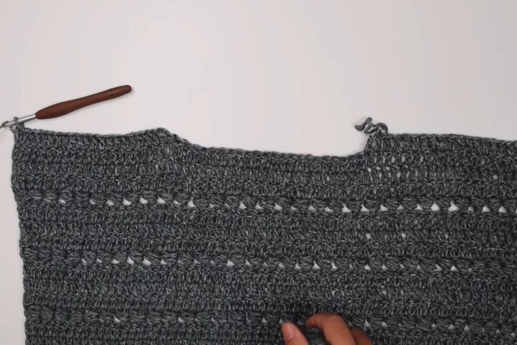 crochet pullover sweater pattern step 10: panel top with two shoulders and the neck gap