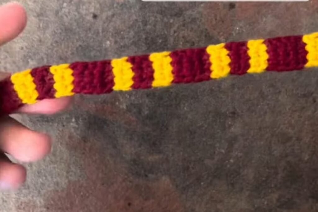 finished two colour striped crochet scarf for the snowy owl