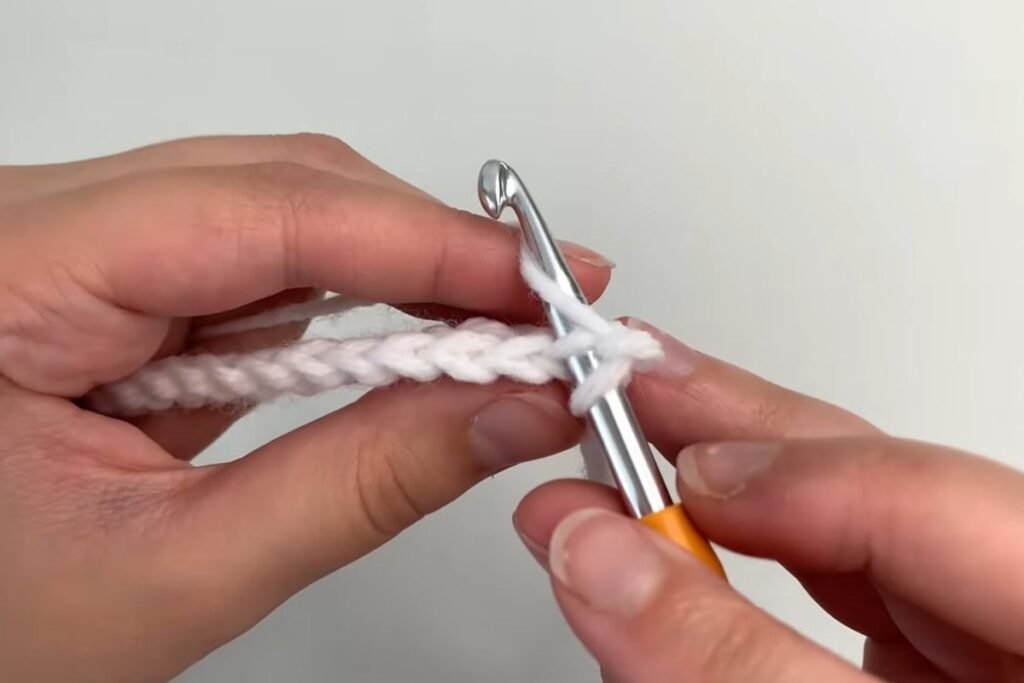Hook inserted in the back loop of the first stitch to start row two of the crochet scarf
