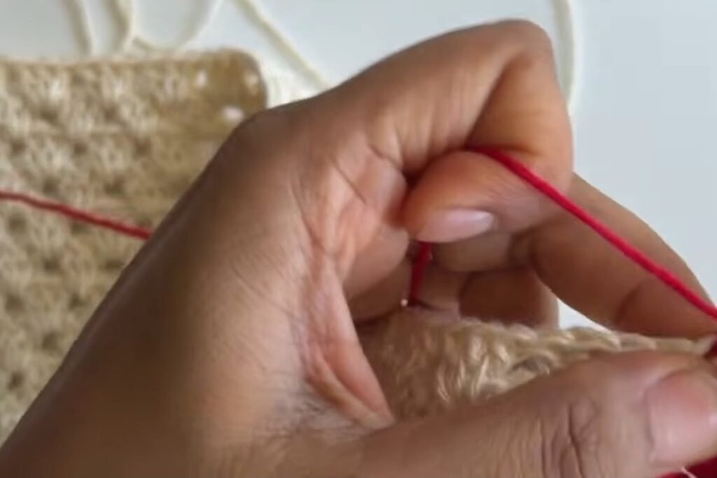 Free crochet head scarf pattern border: single crochet along the long front edge in red