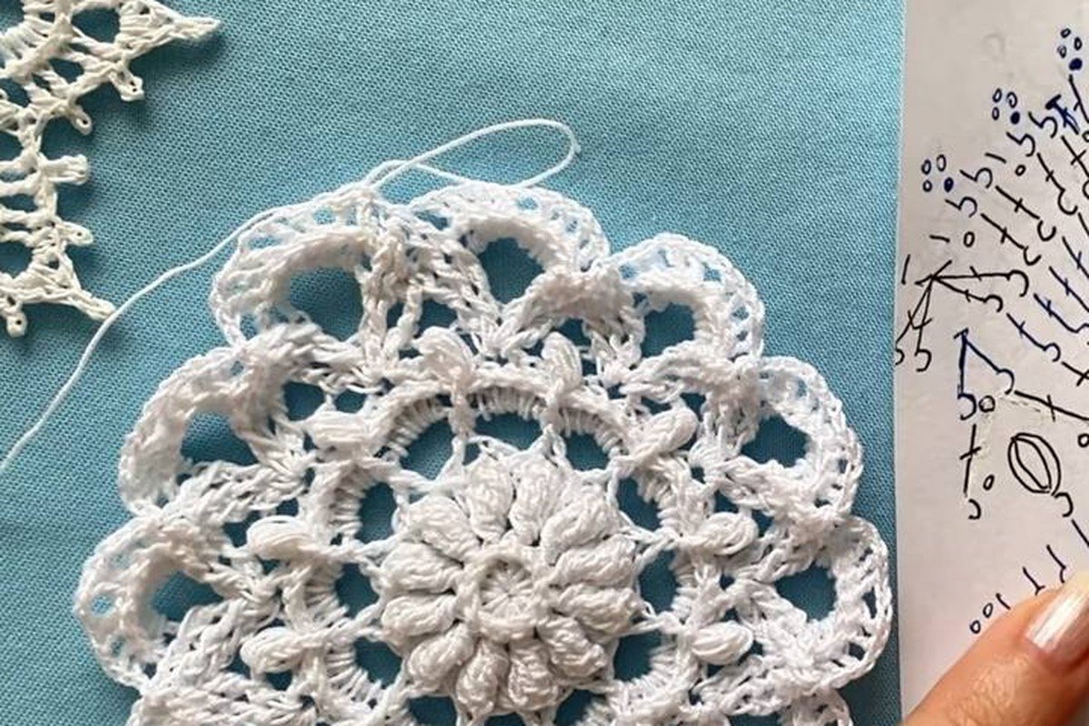 wide scalloped free crochet snowflake pattern after round 10