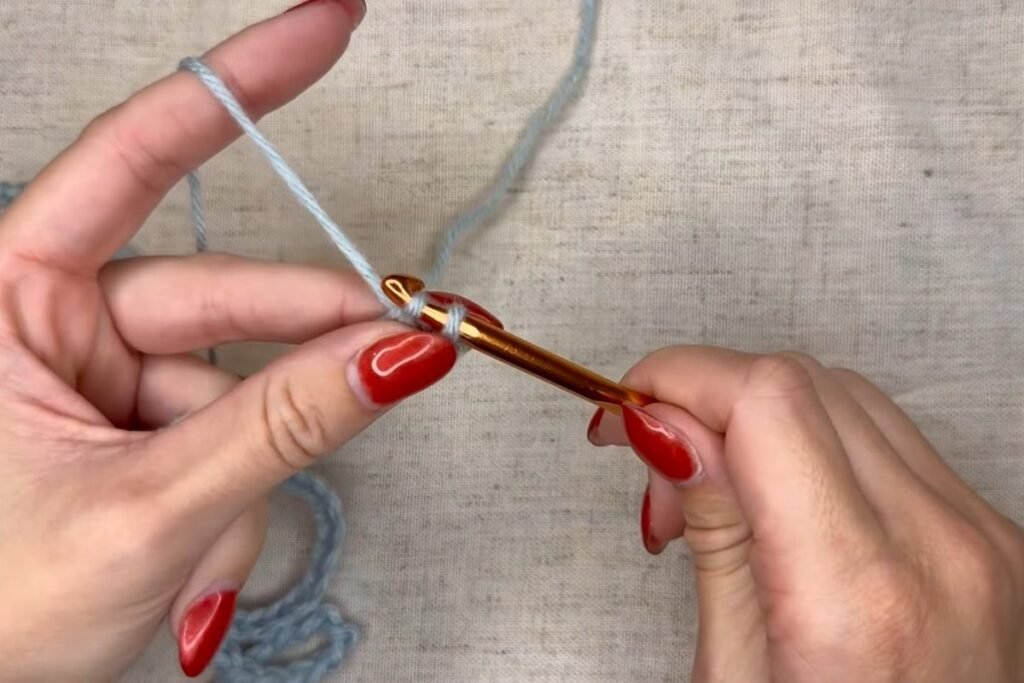 first single crochet worked into the third chain from the hook