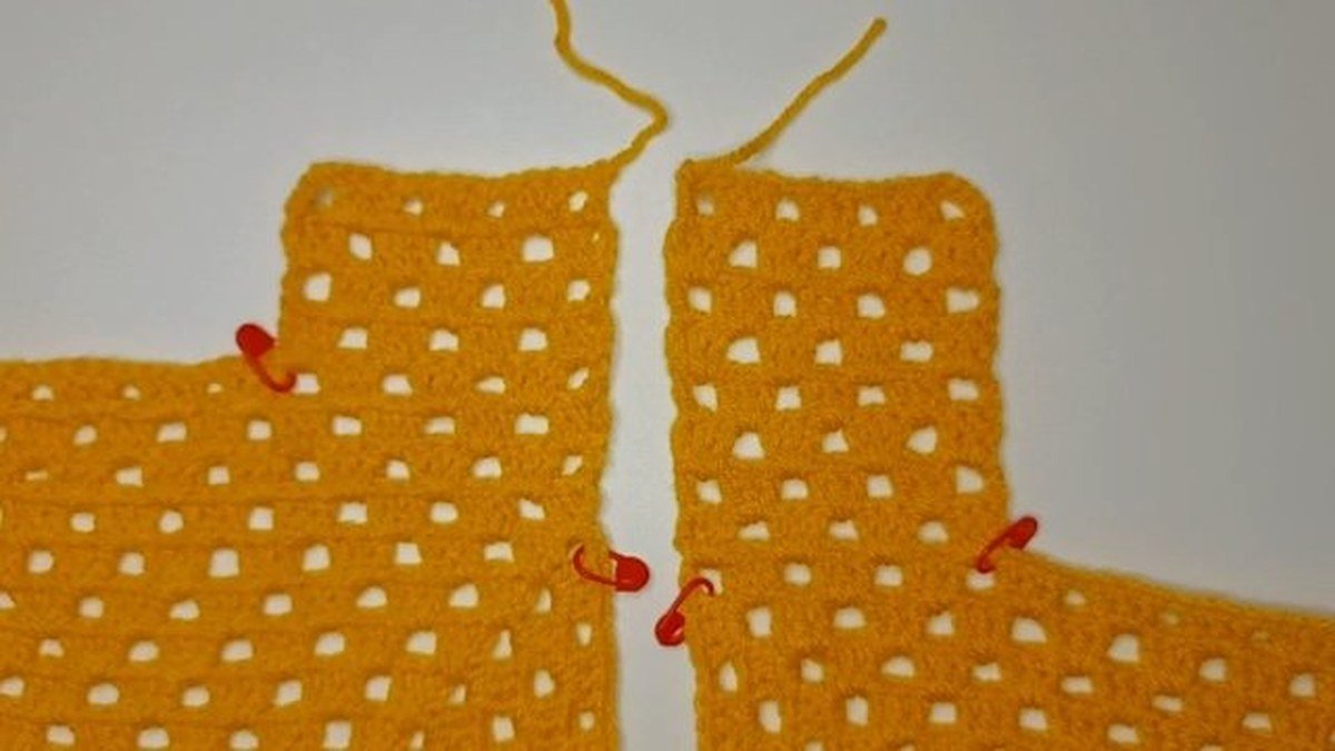 back panel and front panel with their straps side by side for a crochet vest pattern
